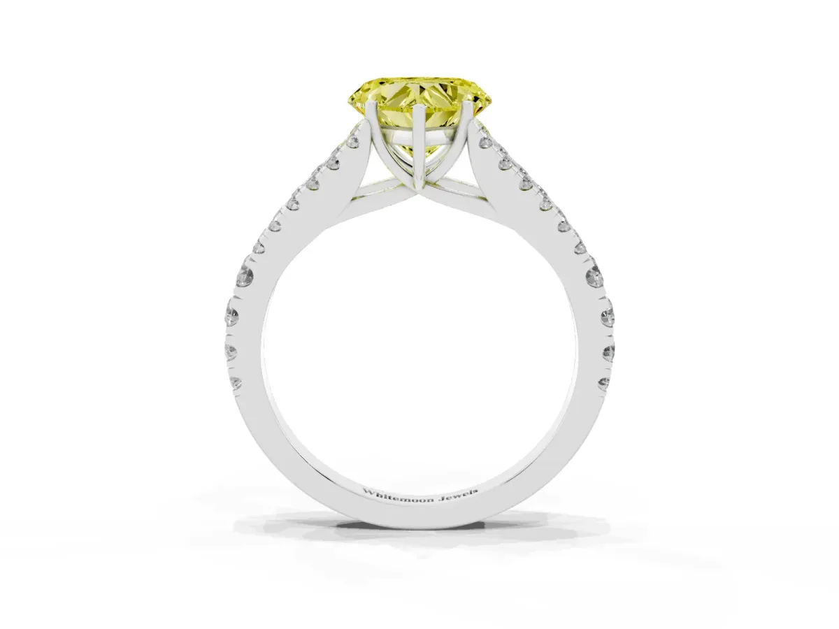 Fancy Yellow Heart Cut Diamond Split Shank Engagement Ring with Round Pavé and Prong Setting Silver