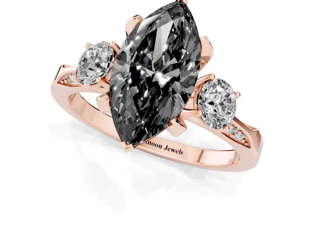 Fancy Black Marquise Cut Brilliant Three-Stone Diamond Ring with Pavé Band and Four-Prong Setting Rose gold