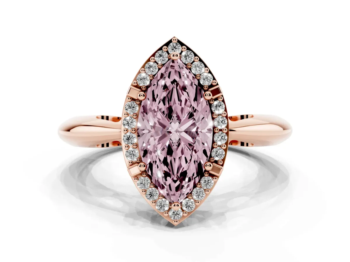 Fancy Pink Marquise Cut Cut Diamond Halo Engagement Ring with Split Shank and Four-Prong Setting Rose gold