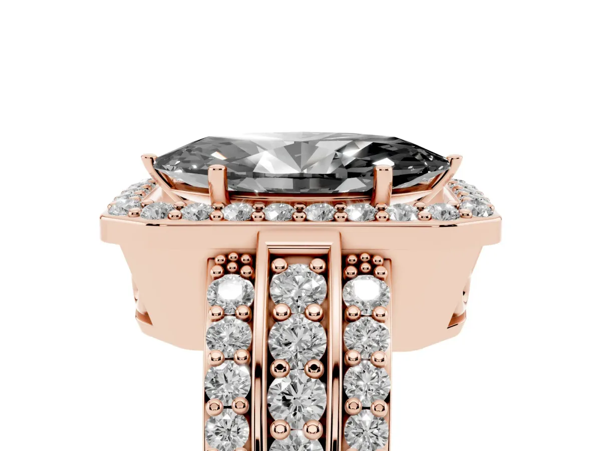 Fancy Black Marquise Cut Halo Diamond Ring with Round Split Shank and Prong Setting Rose gold