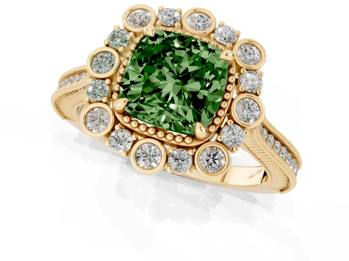 Fancy Green Cushion Cut Halo Milgrain Pave Diamond Ring with Four-Prong Setting Yellow gold