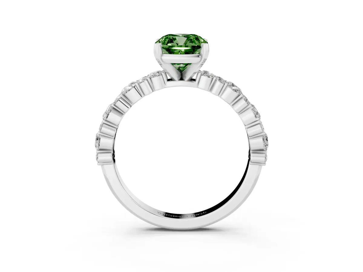 Fancy Green Cushion Cut Diamond Side Stone Solitaire Ring with Round and Four-Prong Setting Silver