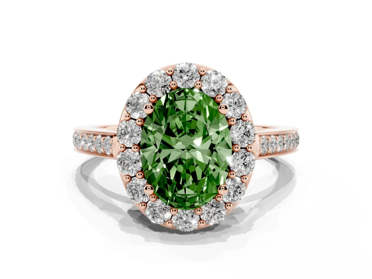 Fancy Green Oval Cut Diamond Floral Halo Ring with Pavé Band and Prong Setting Rose gold