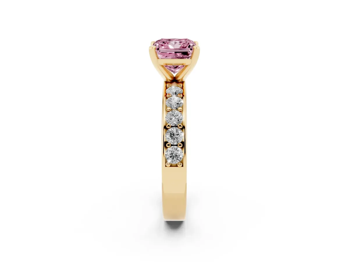 Fancy Pink Princess Cut Diamond Engagement Ring with Channel Set Round Band and Prong Setting Yellow gold