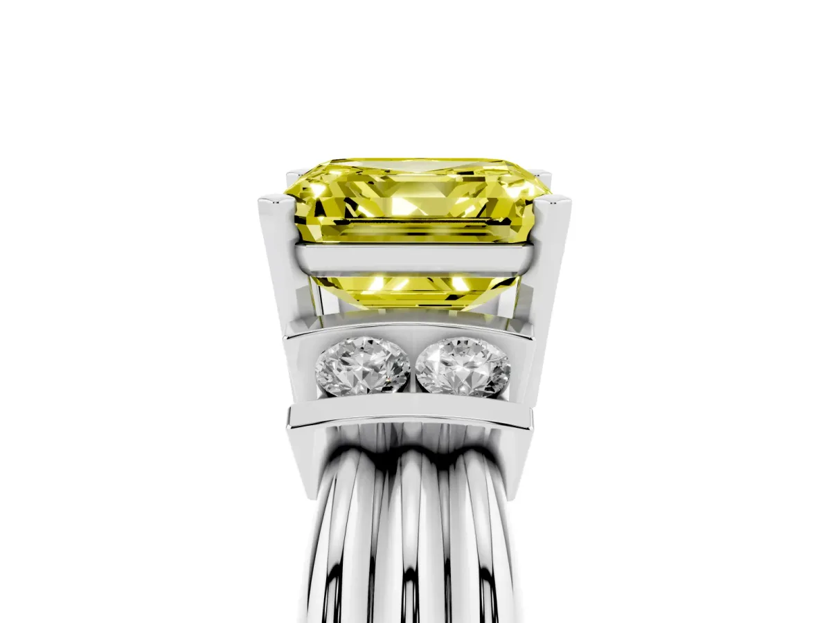 Fancy Yellow Asscher Cut Cut Three-Stone Channel Set Ring with Bar Prongs Silver