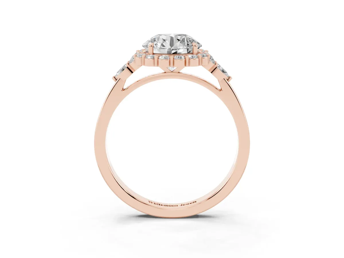 Round Cut Diamond Halo Ring with Pear Side Stones and Prong Setting Rose gold