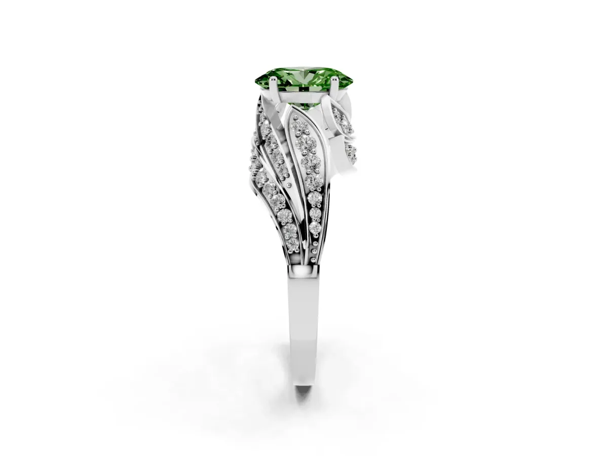 Fancy Green Oval Cut Diamond Solitaire Ring with Prong Setting and Twisted Pavé Band Silver