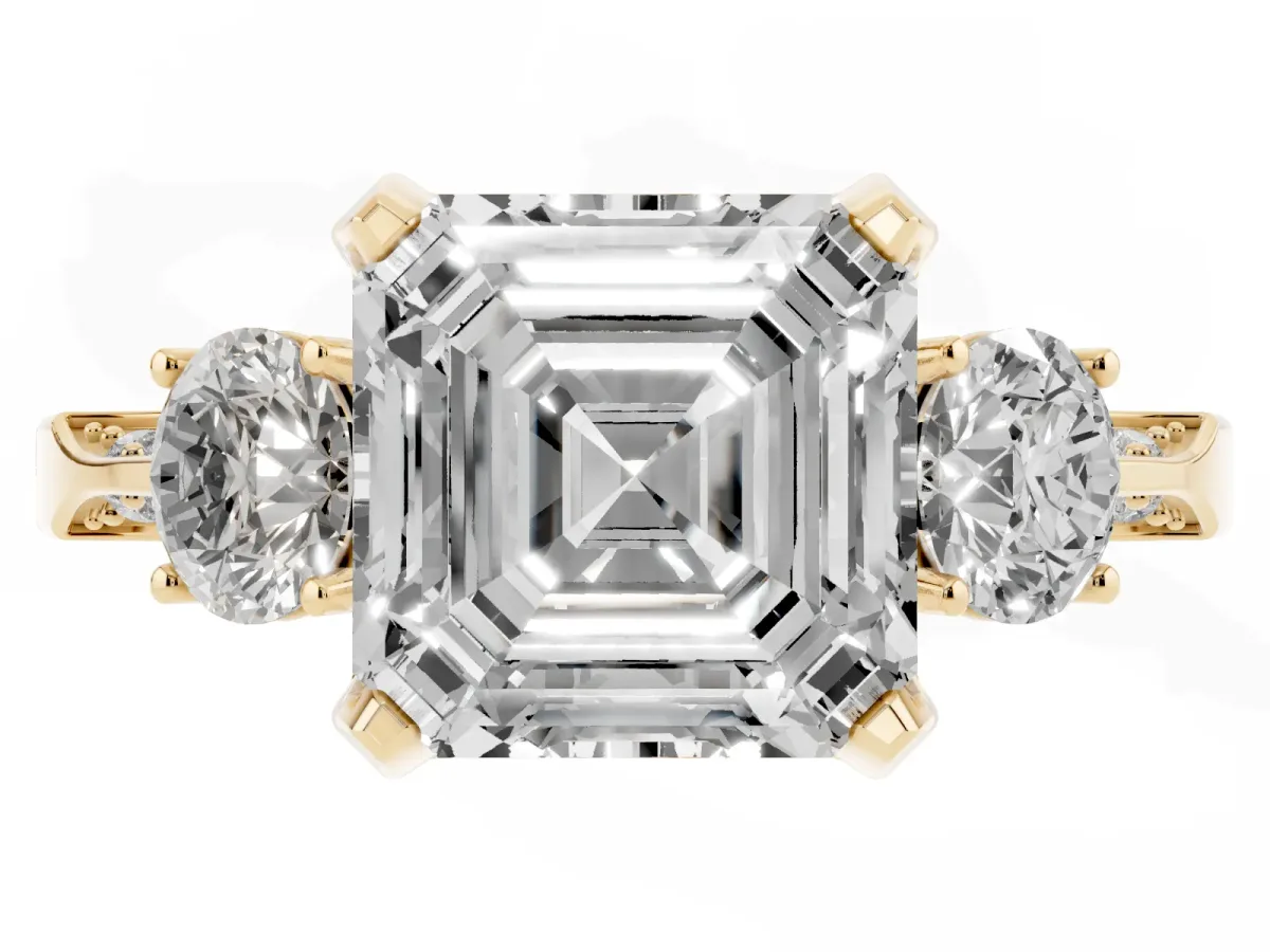 Asscher Cut Brilliant Three-Stone Diamond Ring with Pavé Band and Four-Prong Setting Yellow gold