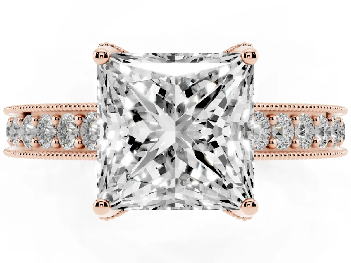 Princess Cut Cut Diamond Solitaire Ring with Milgrain Pave Band and Four Prong Setting Rose gold