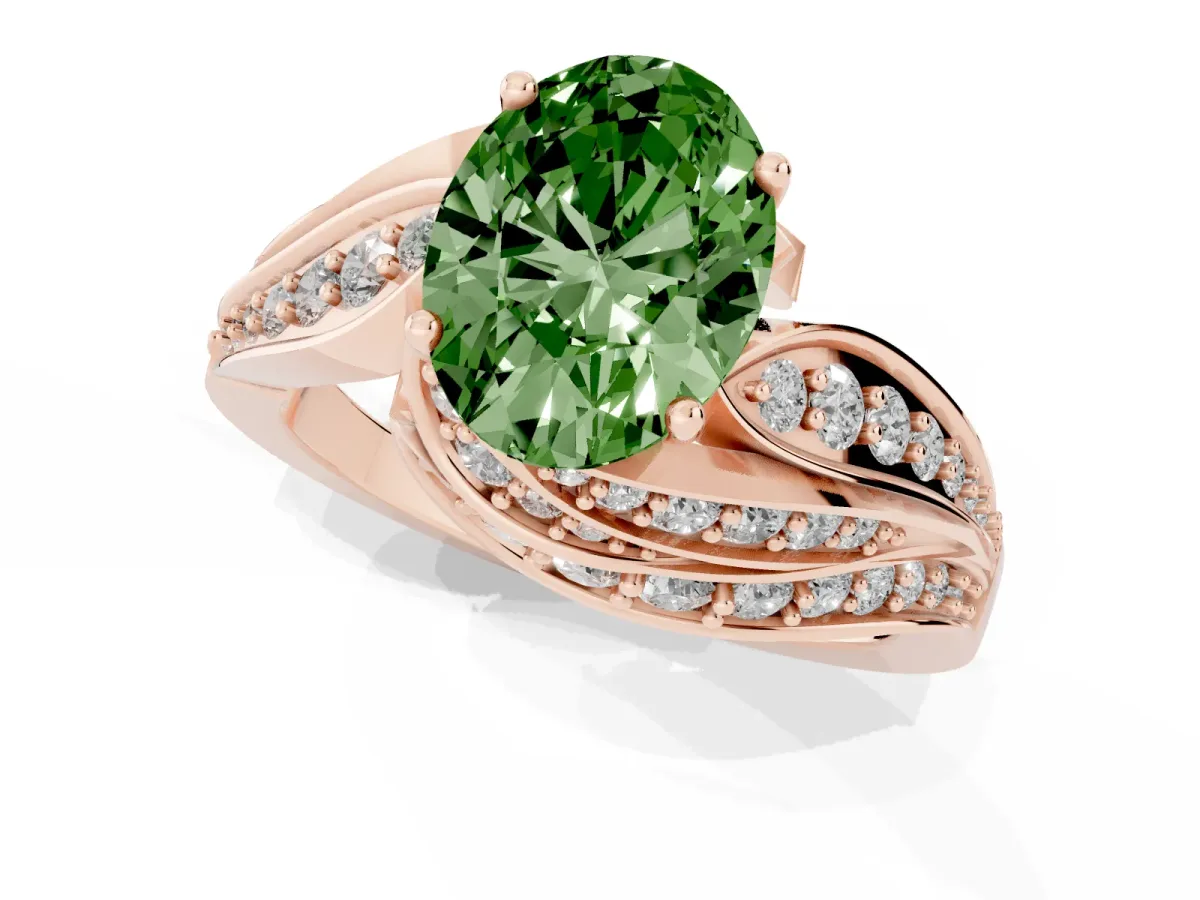 Fancy Green Oval Cut Diamond Solitaire Ring with Prong Setting and Twisted Pavé Band Rose gold