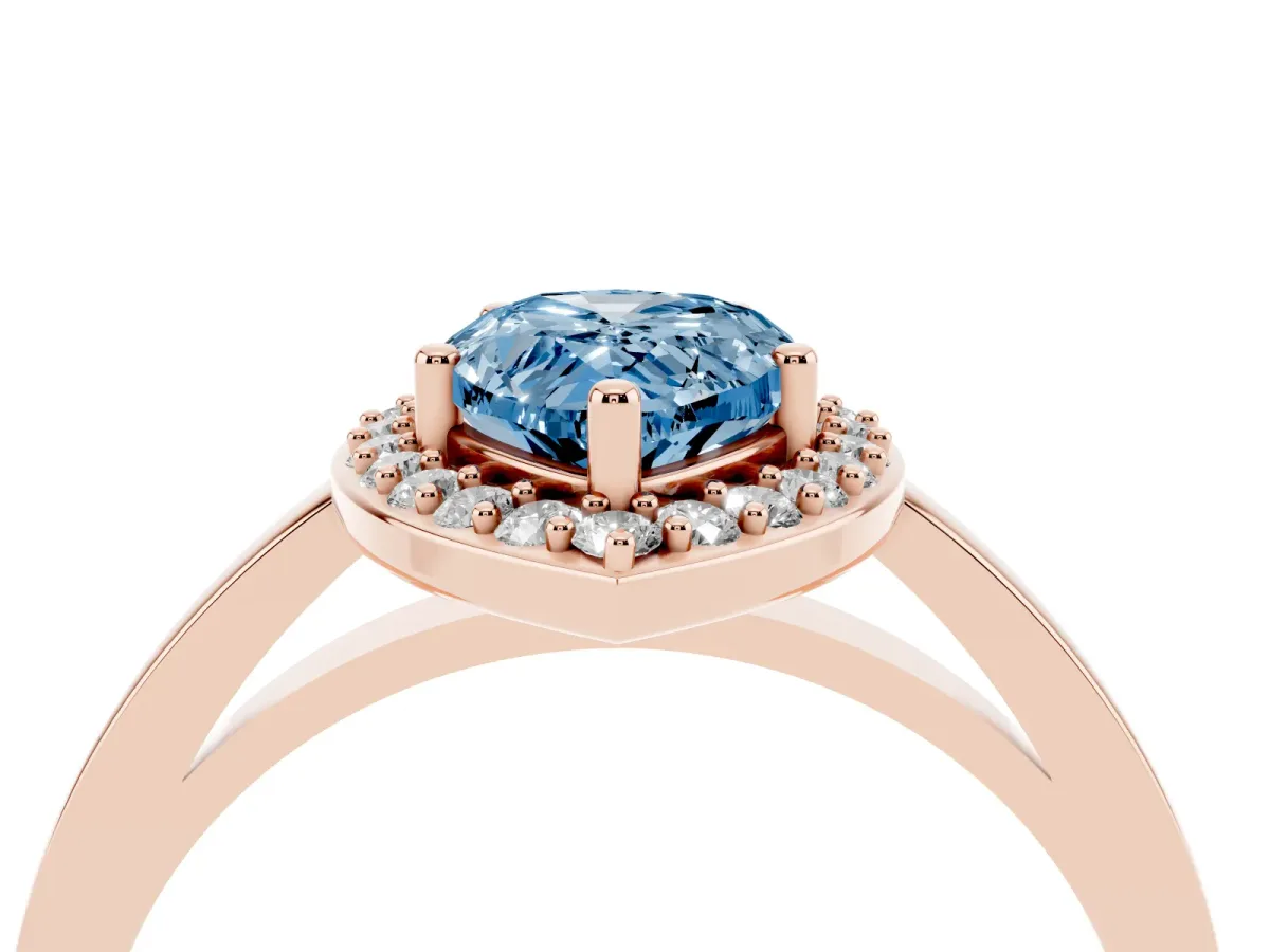 Fancy Blue Pear Cut Halo Diamond Ring with Solitaire Band and Prong Setting Rose gold