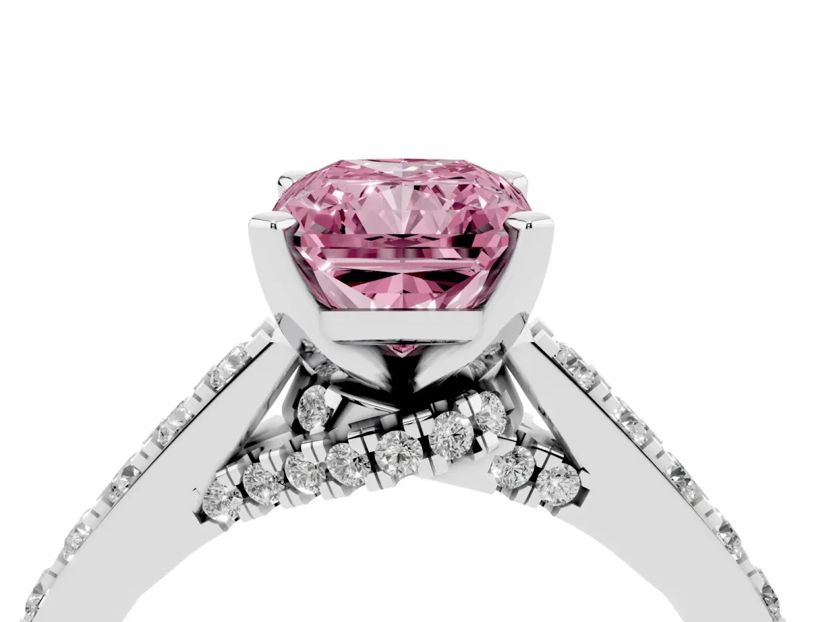 Fancy Pink Radiant Cut Diamond Solitaire Ring with Crossover Gallery and Round Pavé Band Platinum