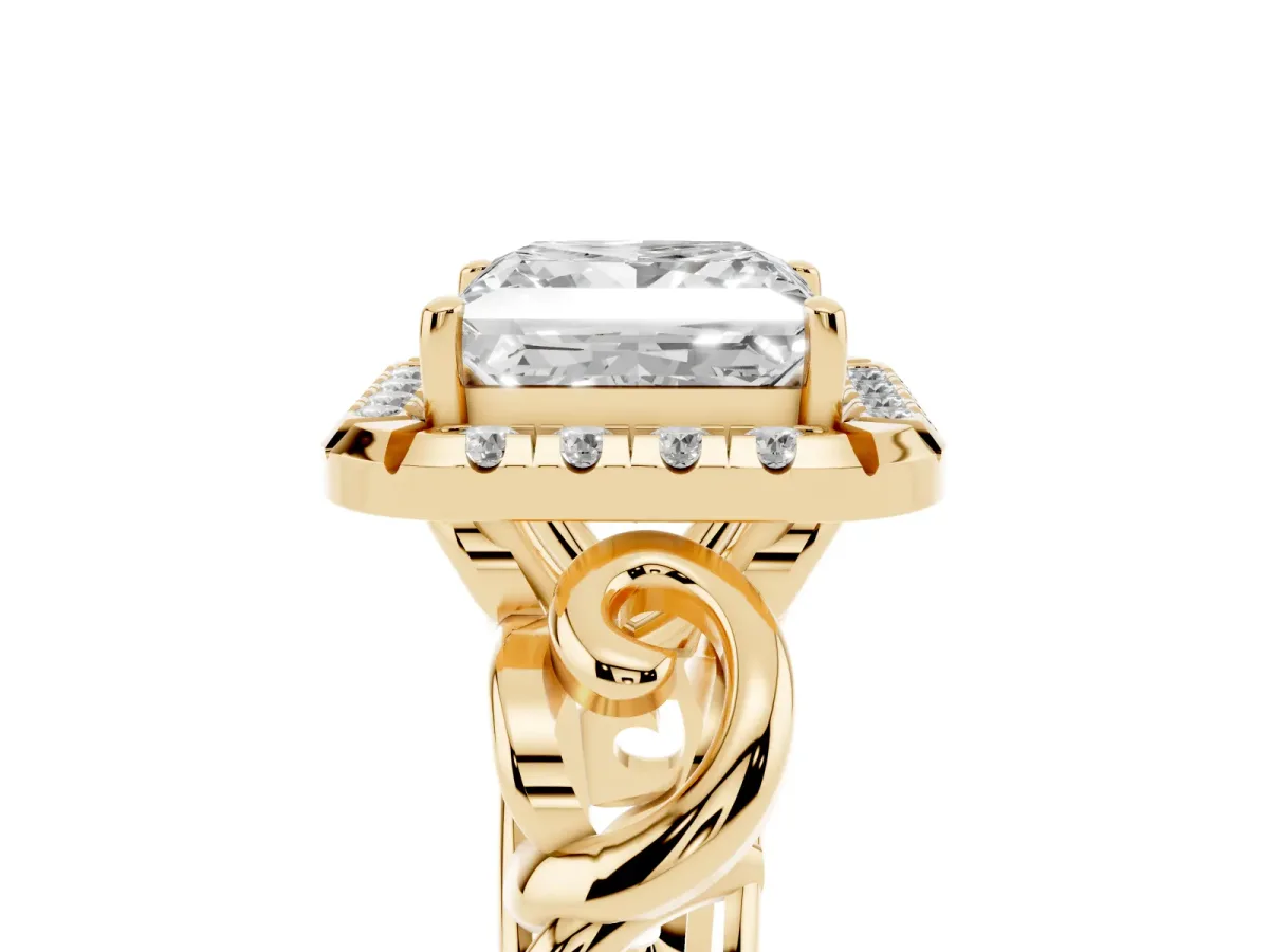 Princess Cut Cut Halo Diamond Ring with Scrollwork Band and Four-Prong Setting Yellow gold