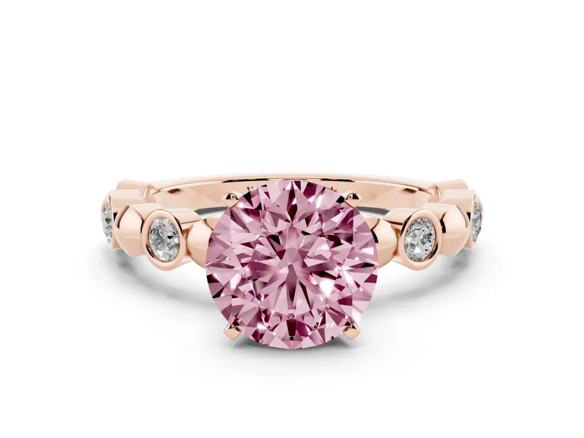 Fancy Pink Round Cut Solitaire Bezel-Set Diamond Ring with Beaded Band and Four-Prong Setting Rose gold