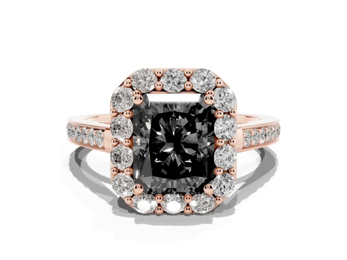 Fancy Black Radiant Cut Diamond Floral Halo Ring with Pavé Band and Prong Setting Rose gold