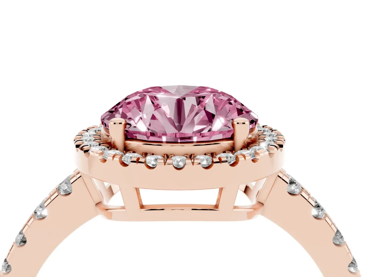 Fancy Pink Round Cut Diamond Halo Ring with Pavé Band and Four-Prong Setting Rose gold