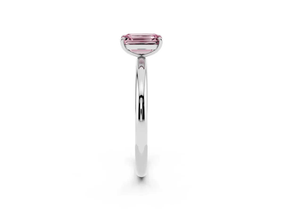 Fancy Pink Emerald Cut Solitaire Diamond Ring with Four-Prong Setting on a Plain Band Silver