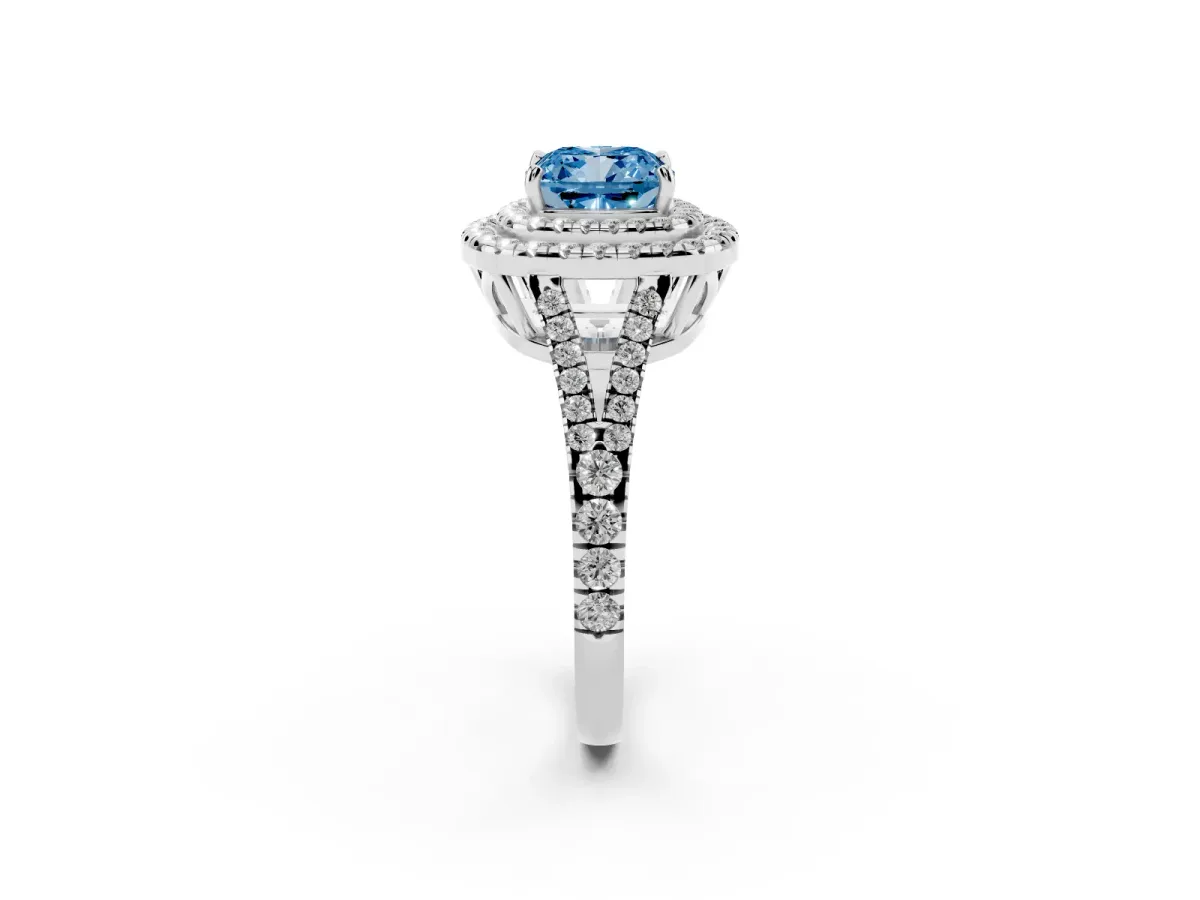 Fancy Blue Cushion Cut Diamond Double Halo Ring with Pavé Band and Prong Setting Silver