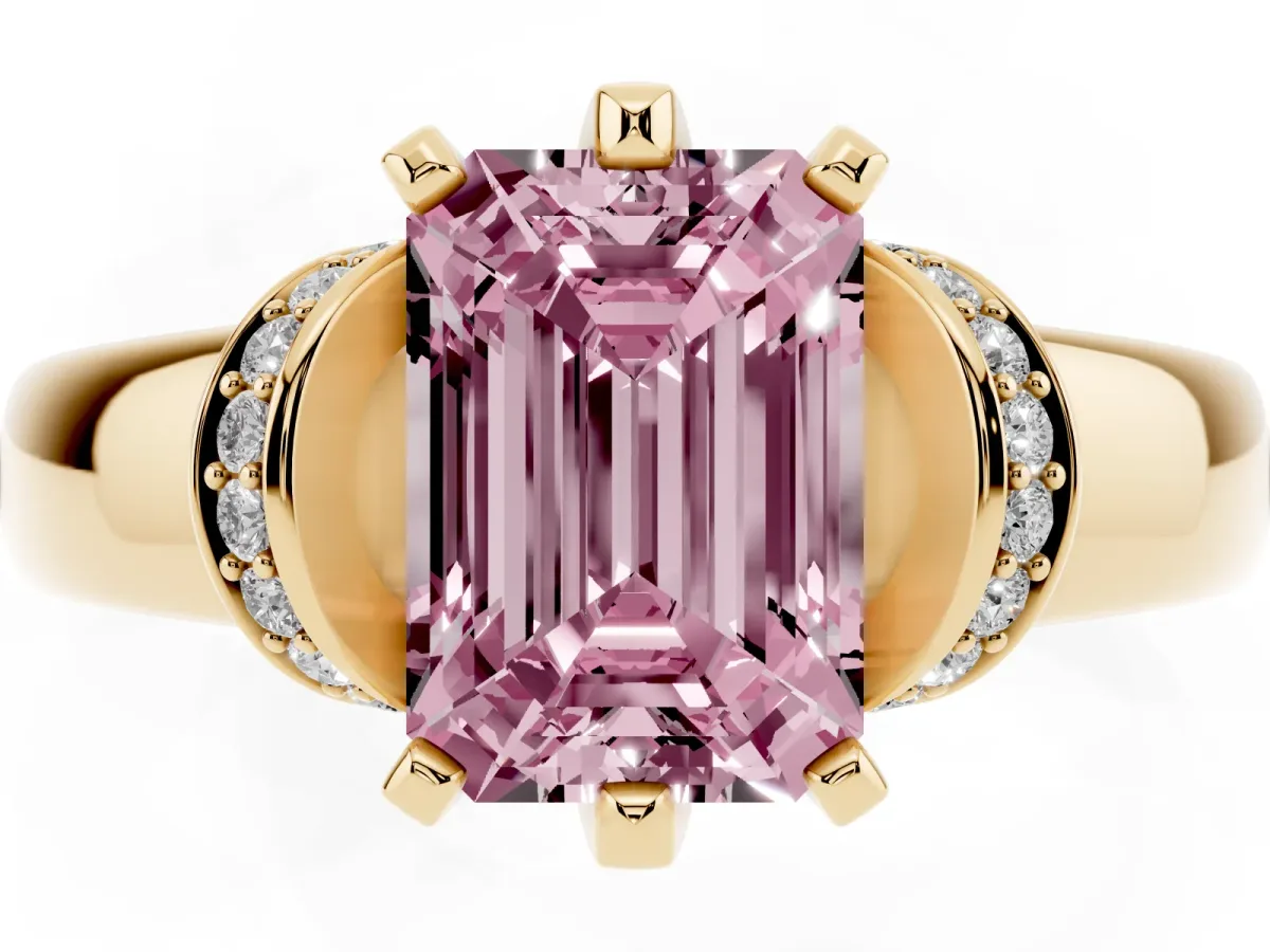 Fancy Pink Emerald Cut Solitaire Diamond Ring with Pave Band and Six-Prong Setting Yellow gold