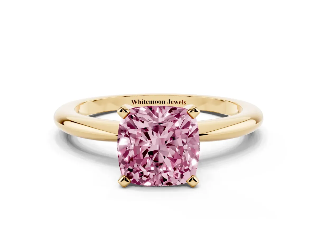 Fancy Pink Cushion Cut Diamond Solitaire Ring with Prong Setting and Classic Band Yellow gold