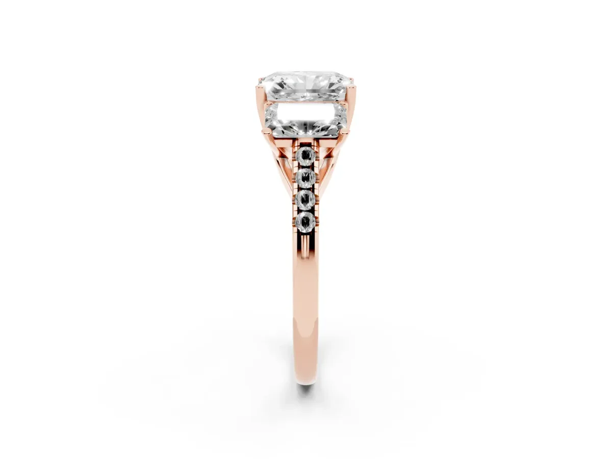 Three-Stone Radiant Cut Diamond Ring with Round Pavé Band and Prong Setting Rose gold