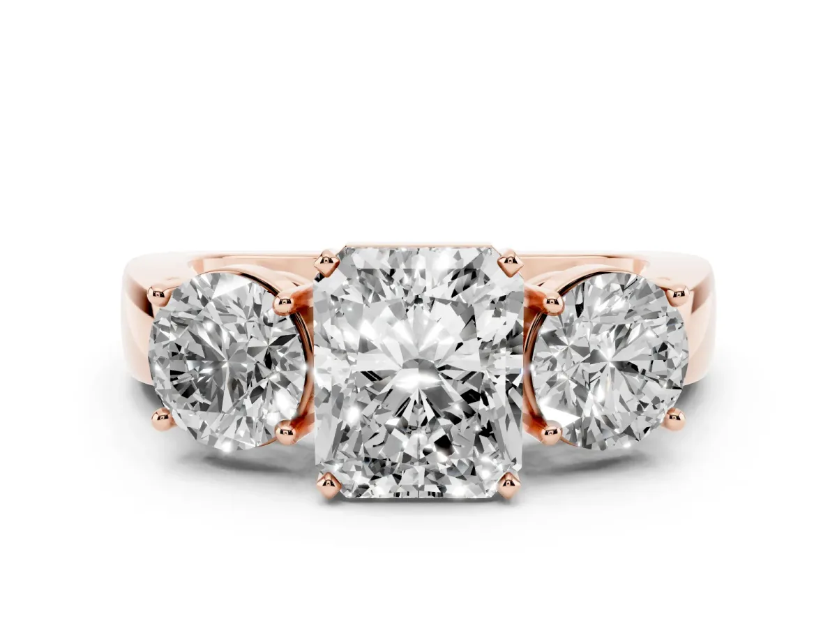 Three-Stone Radiant Cut Diamond Ring with Round Side Stones, Classic Band, and Four-Prong Setting Rose gold