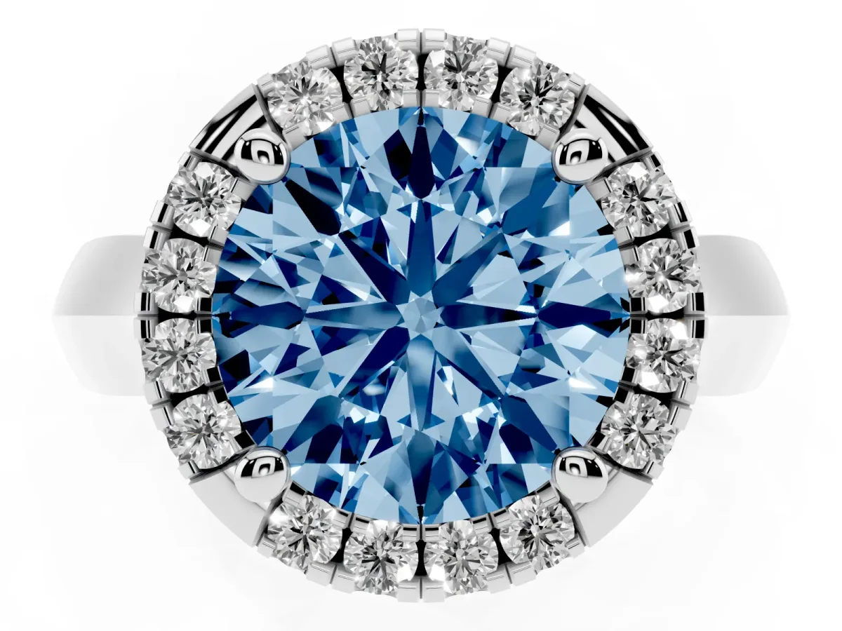 Fancy Blue Round Cut Cut Halo Solitaire Engagement Ring with Square Band and Four-Prong Setting Silver