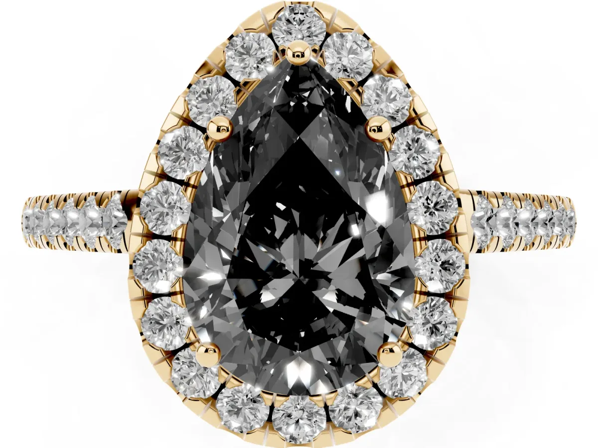 Fancy Black Pear Cut Halo Pave Diamond Engagement Ring with Four-Prong Setting Yellow gold