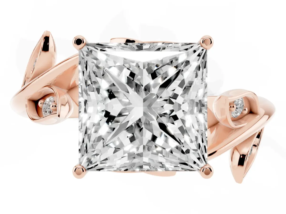 Princess Cut Solitaire Twist Engagement Ring with Leaf Accents and Prong Setting Rose gold