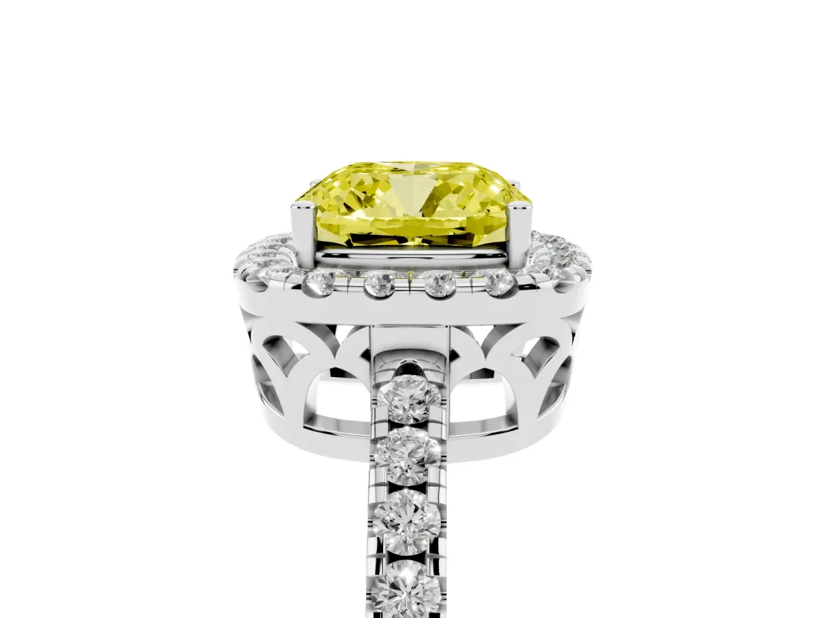 Fancy Yellow Cushion Cut Halo Diamond Engagement Ring with Pavé Band and Four-Prong Setting Platinum