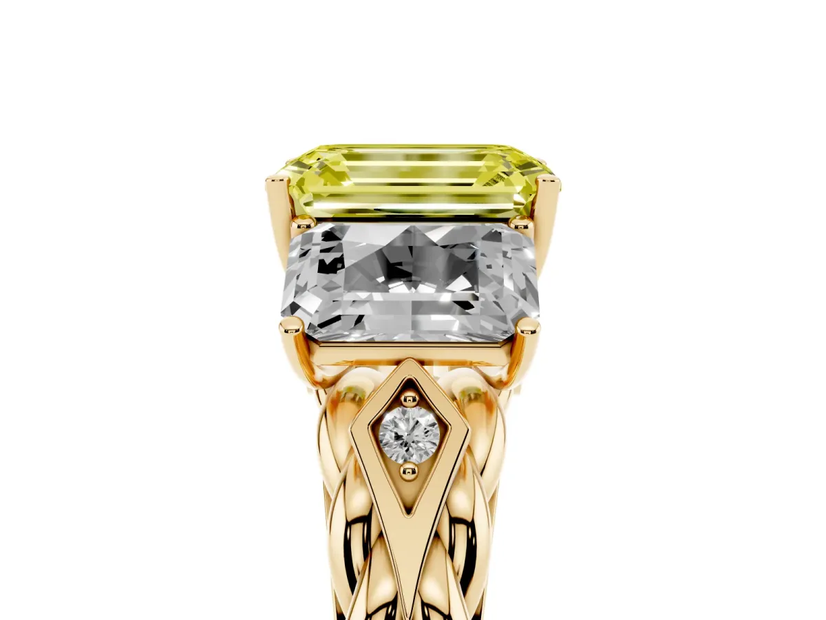 Fancy Yellow Three-Stone Radiant Cut Diamond Braided Band Ring with Four-Prong Setting Yellow gold