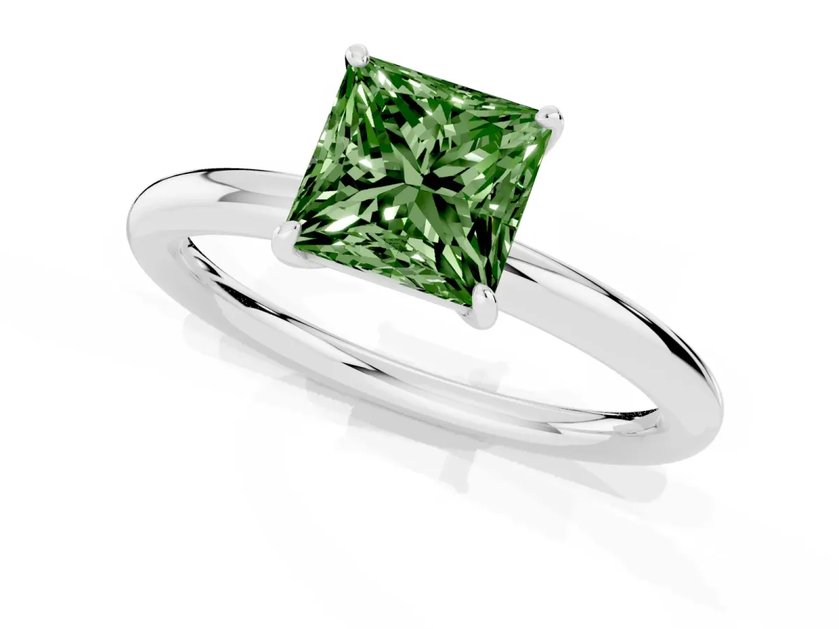 Fancy Green Princess Cut Solitaire Diamond Ring with Four-Prong Setting on a Plain Band Silver