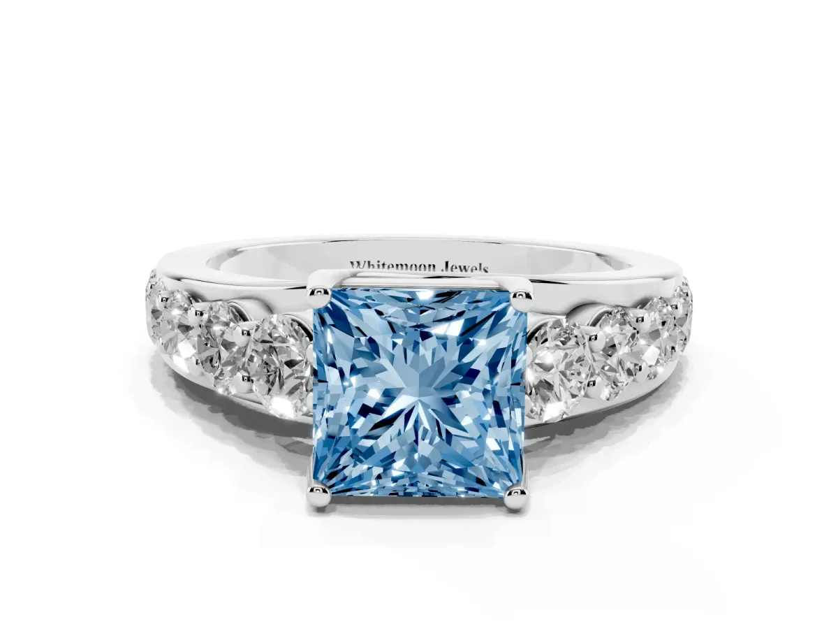 Fancy Blue Princess Cut Diamond Engagement Ring with Pavé Band and Four-Prong Setting Platinum
