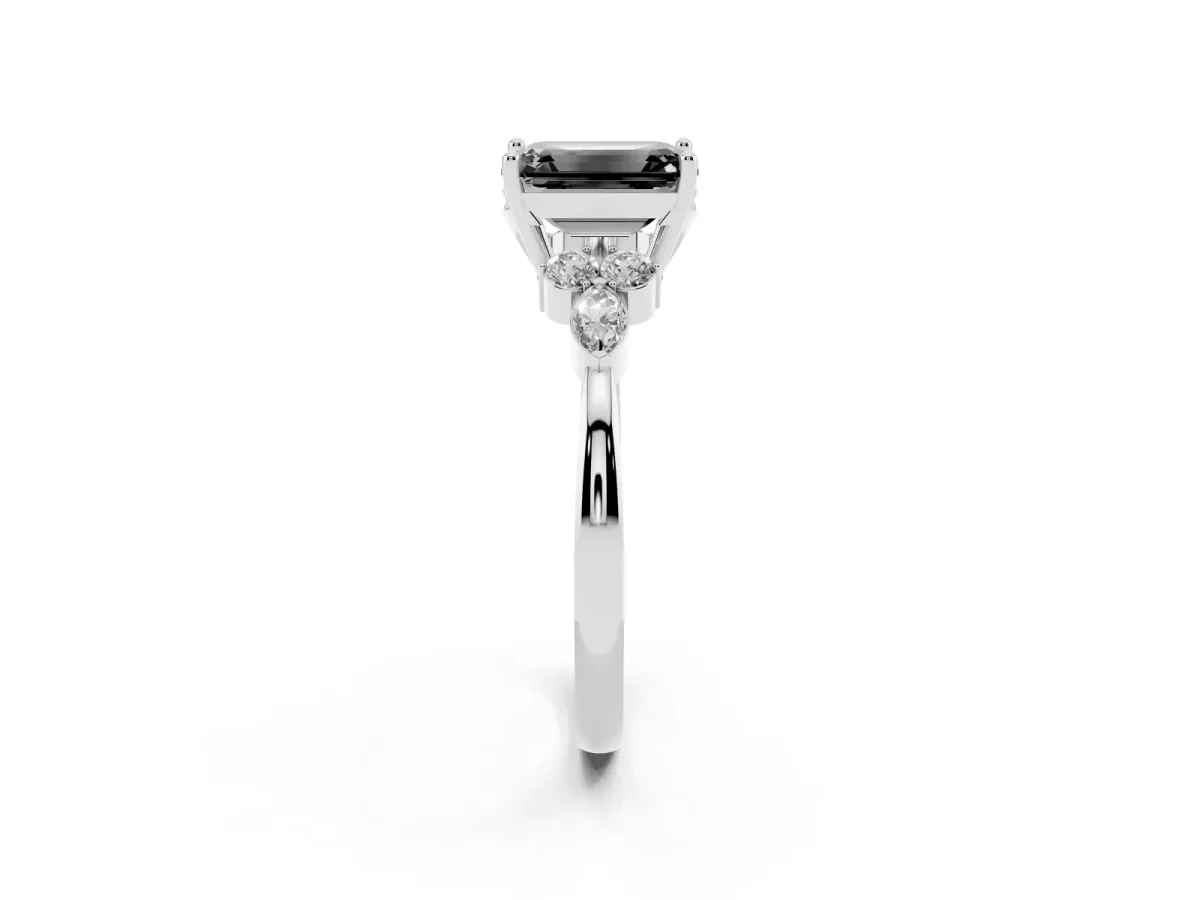 Fancy Black Emerald Cut Brilliant Diamond Solitaire Ring with Pear Side Stones and Four-Prong Setting Silver