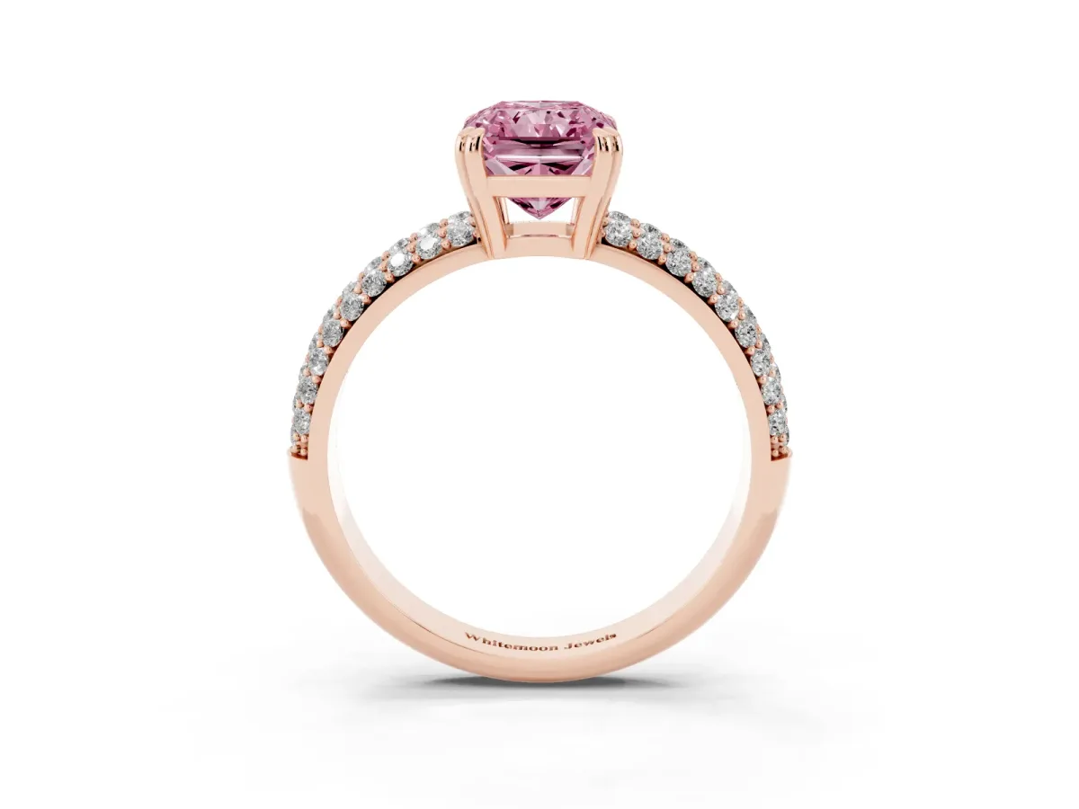 Fancy Pink Radiant Cut Diamond Solitaire Ring with Multi-Row Round Pavé Band and Prong Setting Rose gold