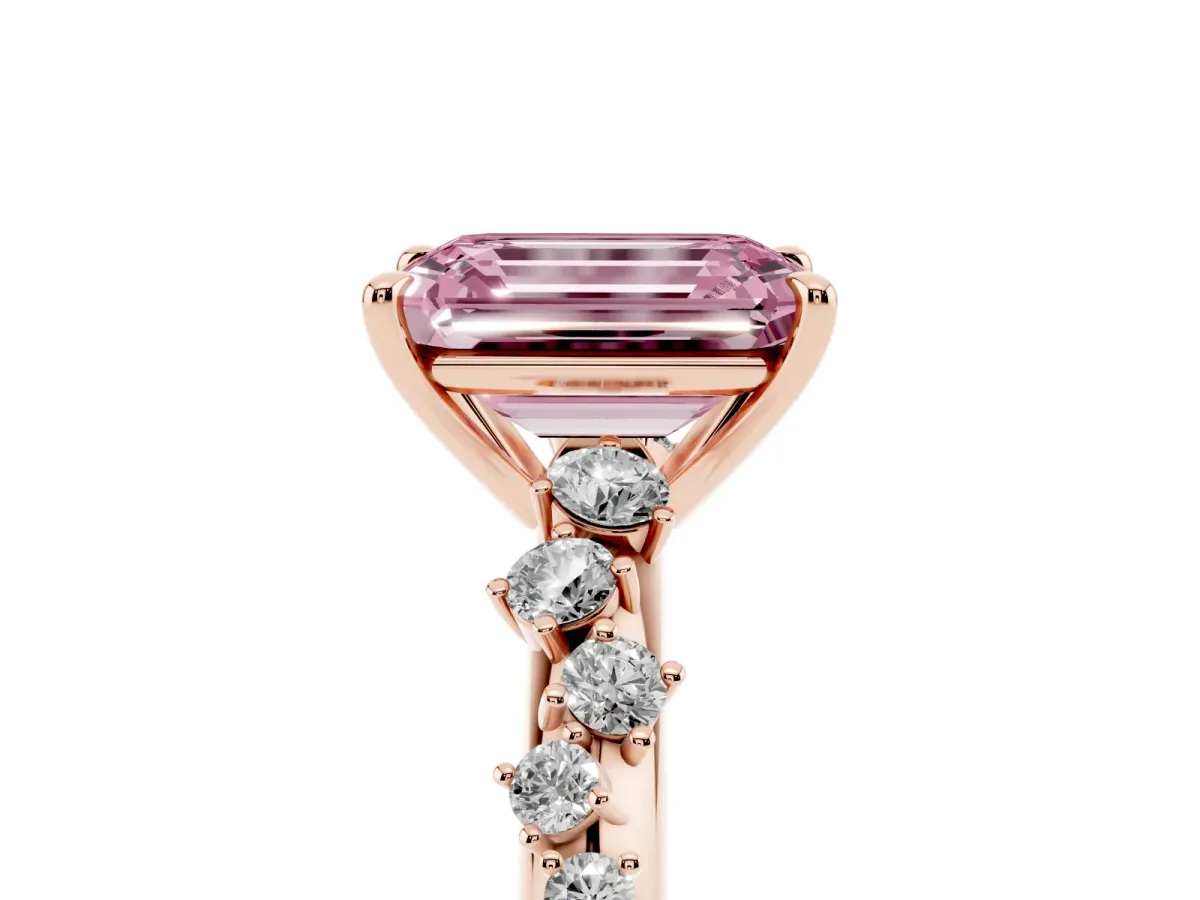 Fancy Pink Emerald Cut Diamond Cluster Side Stone Solitaire Ring with Prong Setting Rose gold