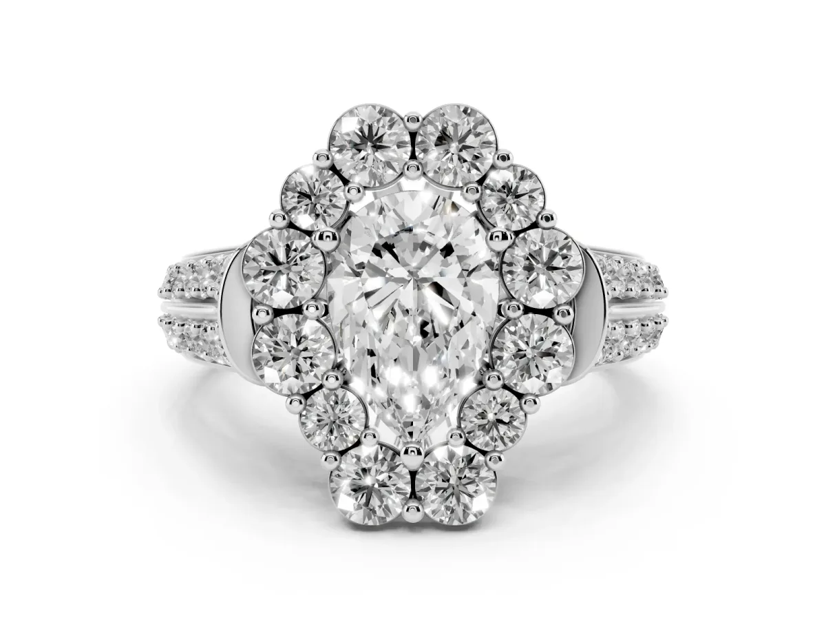 Pear Cut Halo Diamond Engagement Ring with Split Shank and Prong Setting Silver
