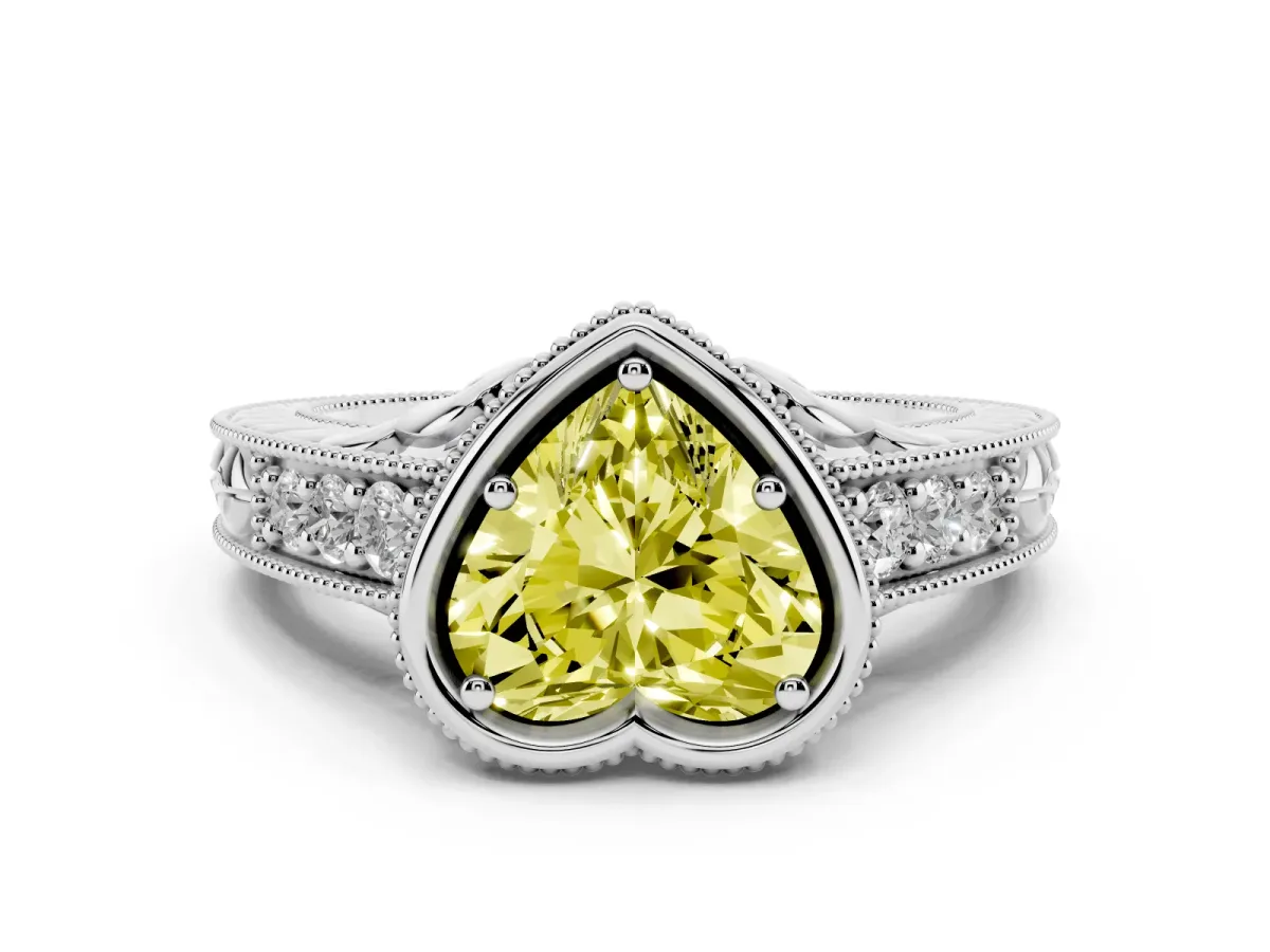 Fancy Yellow Bezel Set Heart Cut Diamond Milgrain Pave Engagement Ring Silver