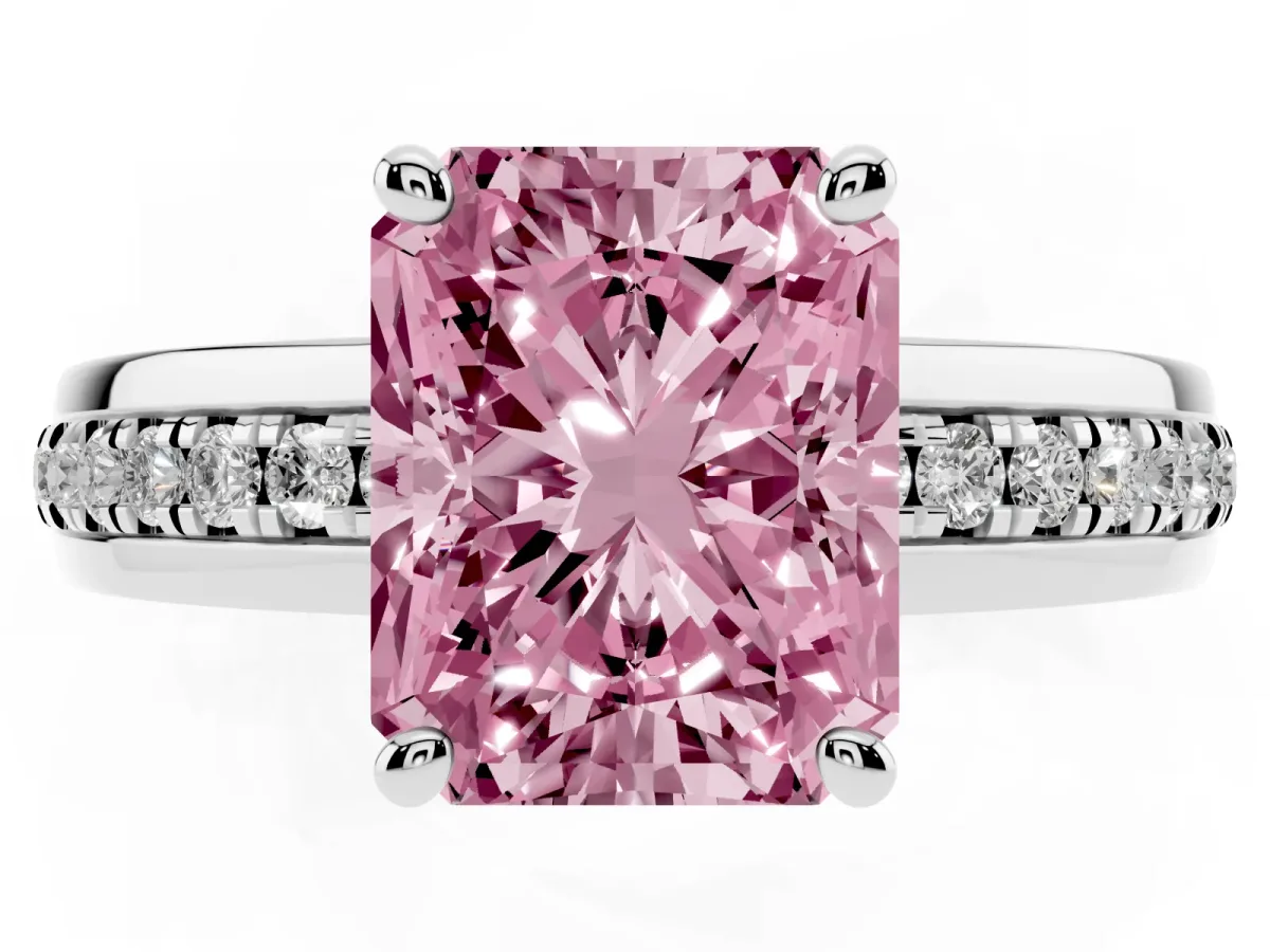 Fancy Pink Radiant Cut Solitaire Diamond Ring with Channel Set Band and Six-Prong Setting Silver