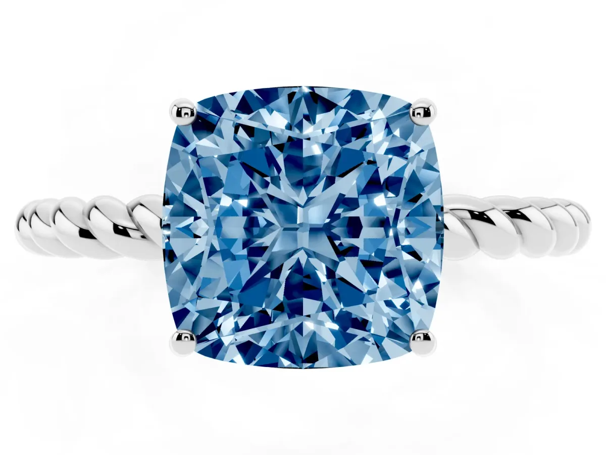 Fancy Blue Cushion Cut Solitaire Twisted Band 4-Prong Ring Silver