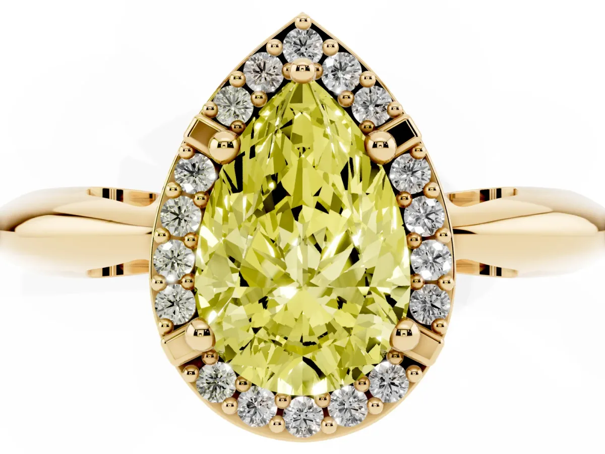 Fancy Yellow Pear Cut Cut Diamond Halo Engagement Ring with Split Shank and Four-Prong Setting Yellow gold