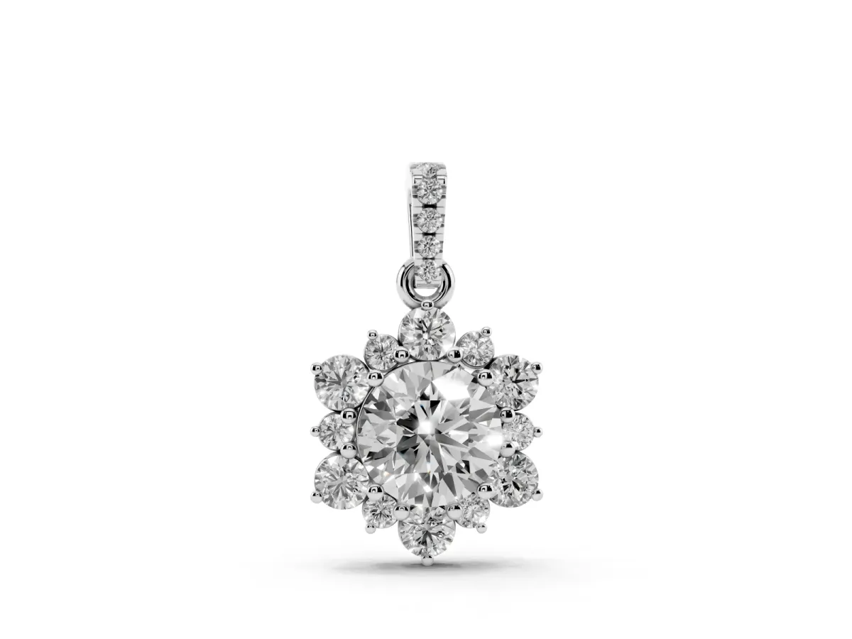 Round Brilliant Cluster Diamond Pendant with Prong Setting Silver