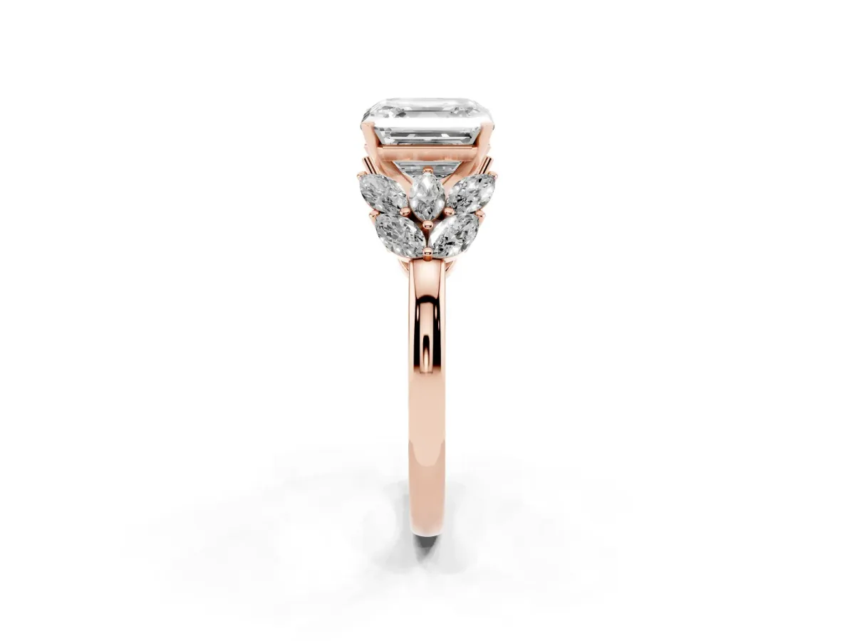 Asscher Cut Diamond Cluster Leaf Design Ring with Prong Setting Rose gold
