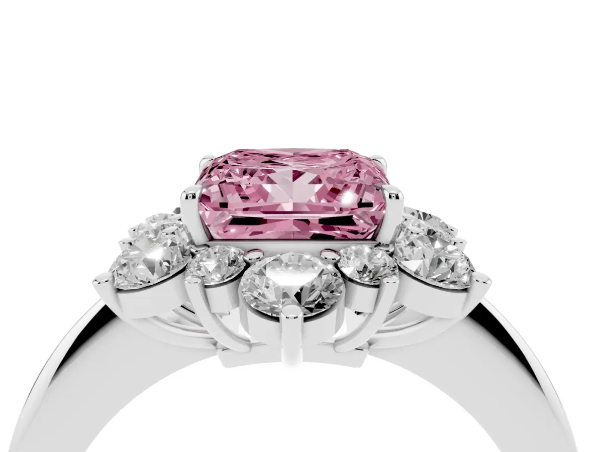 Fancy Pink Princess Cut Diamond Cluster Halo Ring with Solitaire Band and Four-Prong Setting Platinum