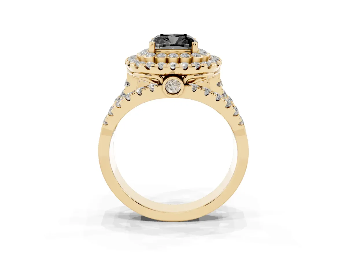 Fancy Black Cushion Cut Diamond Double Halo Ring with Round Pavé Split Shank and Prong Setting Yellow gold