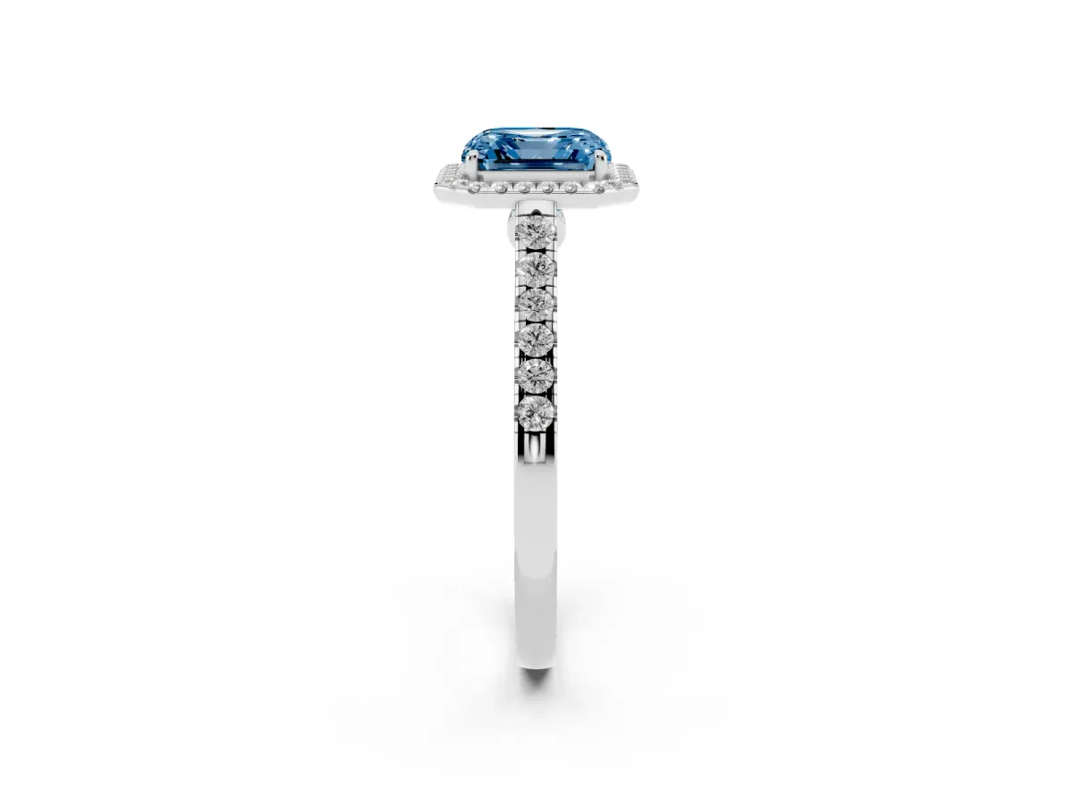 Fancy Blue Asscher Cut Halo Pave Diamond Engagement Ring with Four-Prong Setting Silver