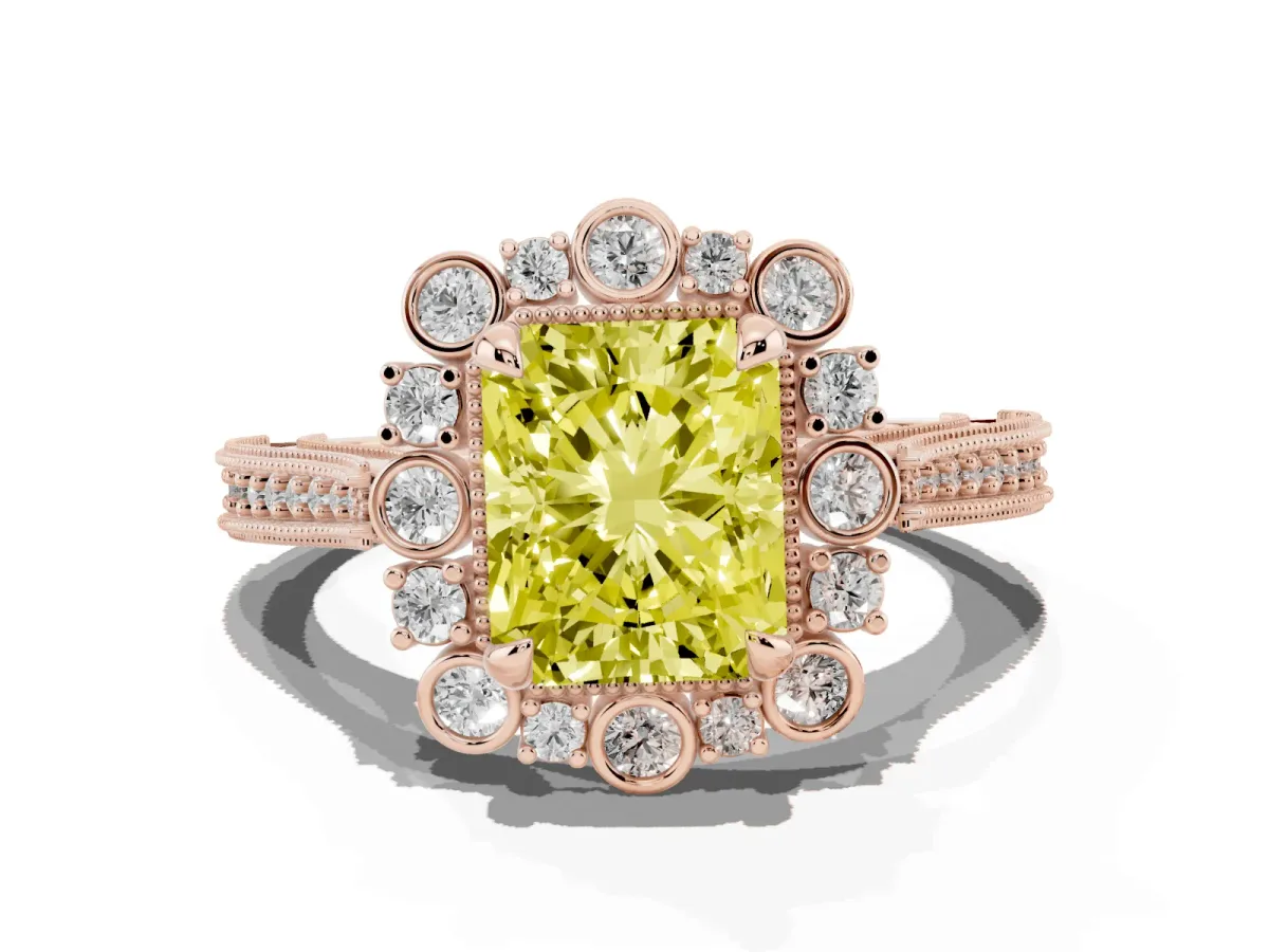 Fancy Yellow Radiant Cut Halo Milgrain Pave Diamond Ring with Four-Prong Setting Rose gold
