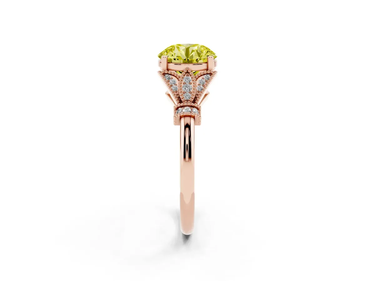 Fancy Yellow Round Cut Diamond Solitaire Ring with Floral Filigree and Pave Accents Rose gold