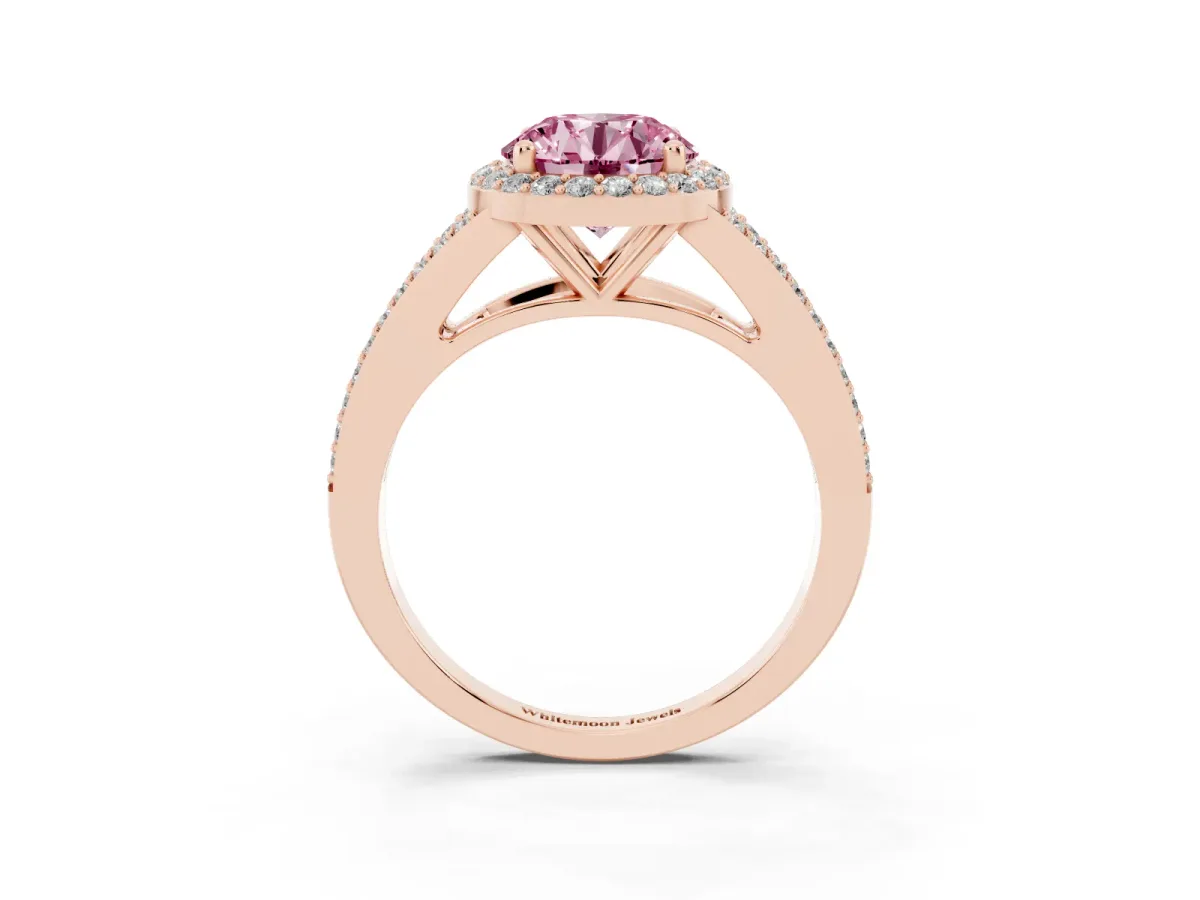 Fancy Pink Round Cut Halo Split Shank Pave Diamond Ring with Four-Prong Setting Rose gold