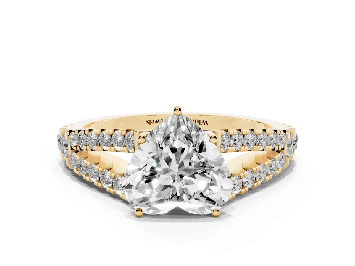 Heart Cut Diamond Split Shank Pavé Engagement Ring with Four-Prong Setting Yellow gold